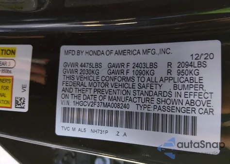 2021 Honda Accord Sport 2.0T z USA, uszkodzony, nr VIN 1HGCV2F37MA008240